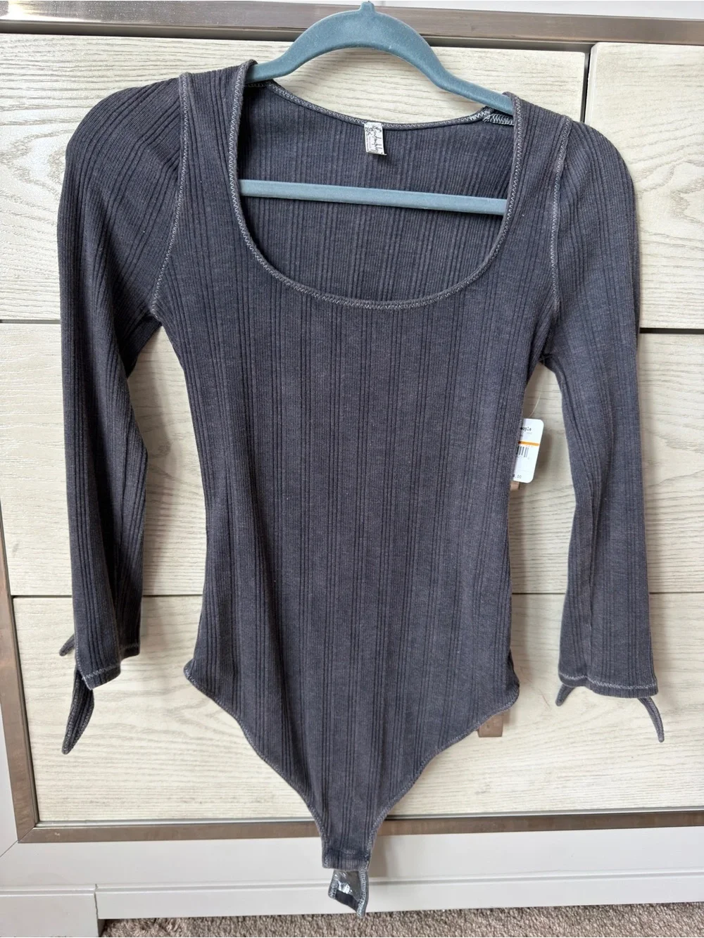 Free People Ribbed Scoop-Neck Long Sleeve Bodysuit in Gray